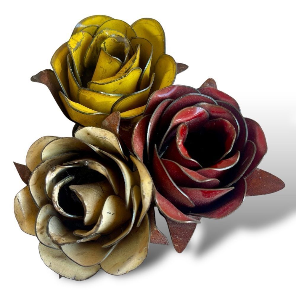 Rustic Painted Forged Metal Decorative Rose Bloom Trio in White Red Yellow - Picture 4 of 16